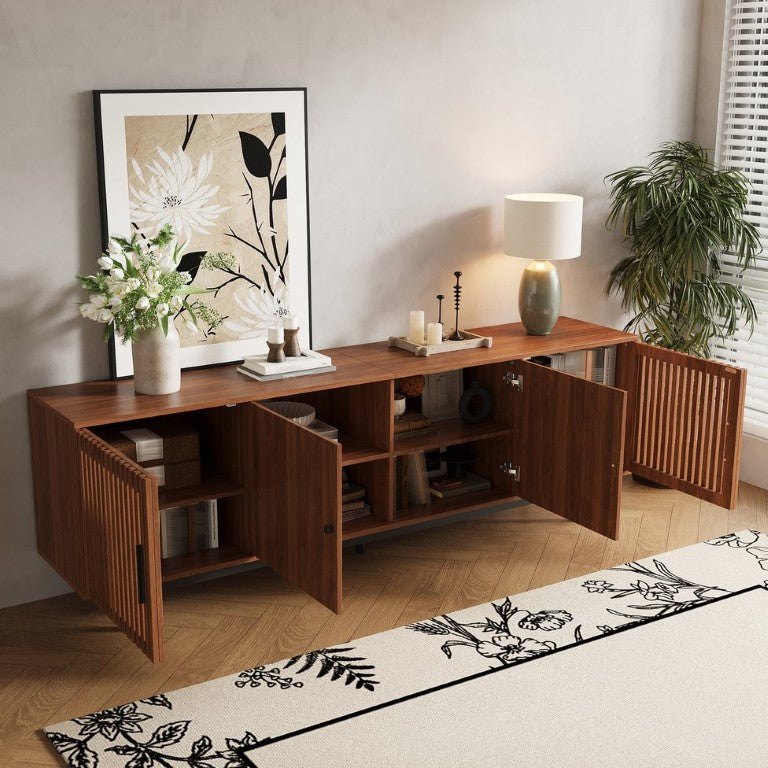 English Elm 78 Inch Walnut Media Console with Slatted Doors Soft Close Hinges and Adjustable Shelves N710P510678P