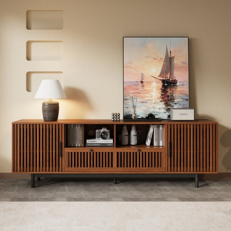 English Elm 78-Inch Walnut Media Console with Slatted Doors Soft Close Hinges and Cable Management N710P510679P