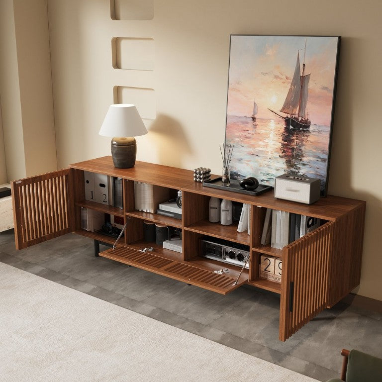 English Elm 78-Inch Walnut Media Console with Slatted Doors Soft Close Hinges and Cable Management N710P510679P