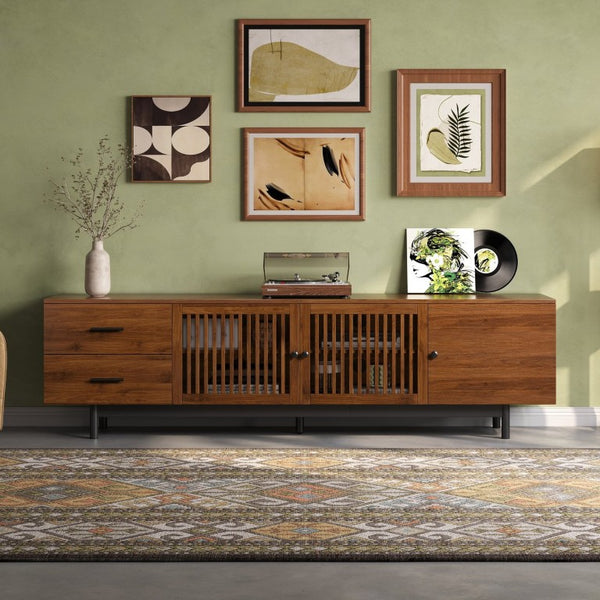 English Elm 70Inch Walnut Media Console with Solid Wood Legs Soft Close Doors and Cable Management 78.7 x 15.7 x 21.6 Two Drawers with Slatted Doors N710P510680P
