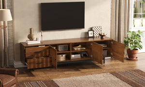 English Elm 70Inch Walnut Media Console with Solid Wood Legs Soft Close Doors and Cable Management 78.7 x 15.7 x 21.6 Two Drawers with Slatted Doors N710P510680P
