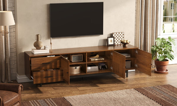 English Elm 70Inch Walnut Media Console with Solid Wood Legs Soft Close Doors and Cable Management 78.7 x 15.7 x 21.6 Two Drawers with Slatted Doors N710P510680P