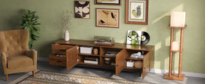 English Elm 70Inch Walnut Media Console with Solid Wood Legs Soft Close Doors and Cable Management 78.7 x 15.7 x 21.6 Two Drawers with Slatted Doors N710P510680P
