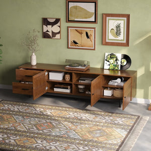 English Elm 70Inch Walnut Media Console with Solid Wood Legs Soft Close Doors and Cable Management 78.7 x 15.7 x 21.6 Two Drawers with Slatted Doors N710P510680P