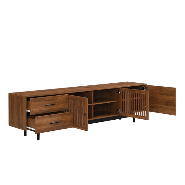 English Elm 70Inch Walnut Media Console with Solid Wood Legs Soft Close Doors and Cable Management 78.7 x 15.7 x 21.6 Two Drawers with Slatted Doors N710P510680P