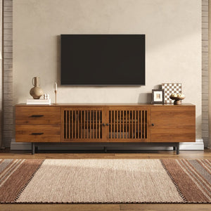 English Elm 70Inch Walnut Media Console with Solid Wood Legs Soft Close Doors and Cable Management 78.7 x 15.7 x 21.6 Two Drawers with Slatted Doors N710P510680P