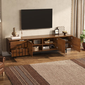 English Elm 70Inch Walnut Media Console with Solid Wood Legs Soft Close Doors and Cable Management 78.7 x 15.7 x 21.6 Two Drawers with Slatted Doors N710P510680P
