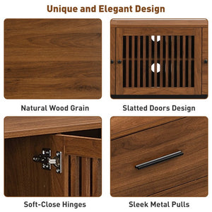 English Elm 70Inch Walnut Media Console with Solid Wood Legs Soft Close Doors and Cable Management 78.7 x 15.7 x 21.6 Two Drawers with Slatted Doors N710P510680P