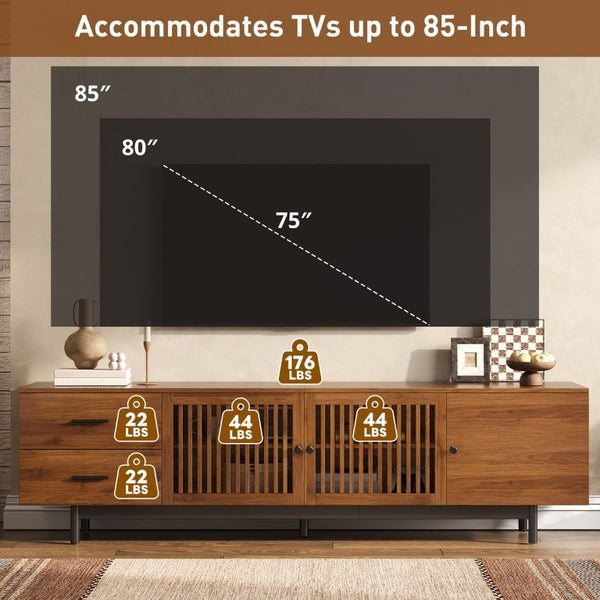 English Elm 70Inch Walnut Media Console with Solid Wood Legs Soft Close Doors and Cable Management 78.7 x 15.7 x 21.6 Two Drawers with Slatted Doors N710P510680P