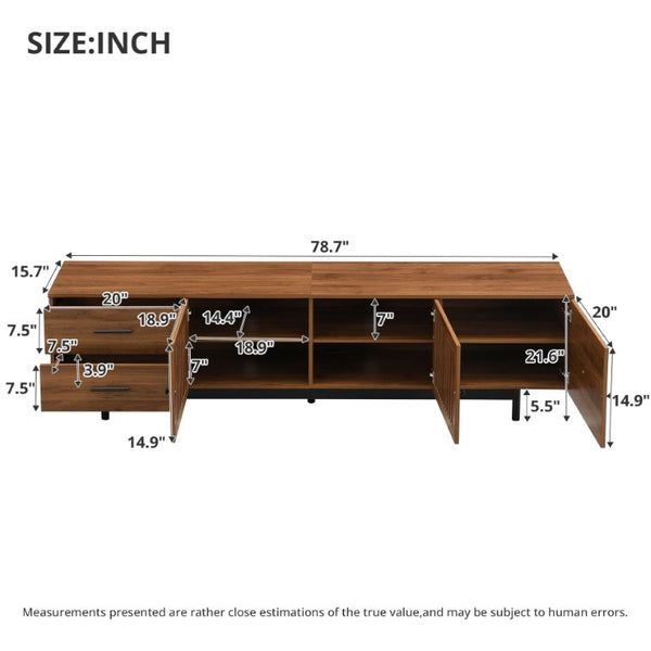 English Elm 70Inch Walnut Media Console with Solid Wood Legs Soft Close Doors and Cable Management 78.7 x 15.7 x 21.6 Two Drawers with Slatted Doors N710P510680P