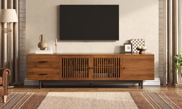 English Elm 70Inch Walnut Media Console with Solid Wood Legs Soft Close Doors and Cable Management 78.7 x 15.7 x 21.6 Two Drawers with Slatted Doors N710P510680P