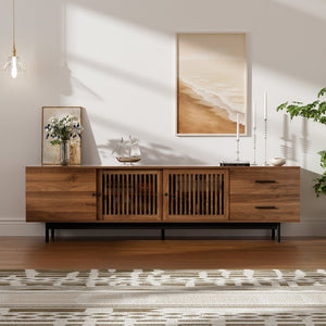 English Elm 78 Inch Walnut Media Console with Slatted Sliding Doors Soft Close Hinges and Drawers N710P510682P