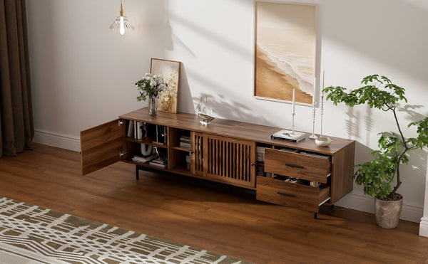 English Elm 78 Inch Walnut Media Console with Slatted Sliding Doors Soft Close Hinges and Drawers N710P510682P