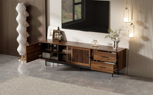 English Elm 78 Inch Walnut Media Console with Slatted Sliding Doors Soft Close Hinges and Drawers N710P510682P