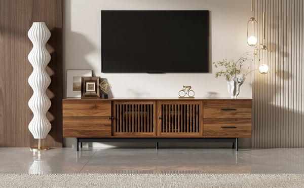 English Elm 78 Inch Walnut Media Console with Slatted Sliding Doors Soft Close Hinges and Drawers N710P510682P