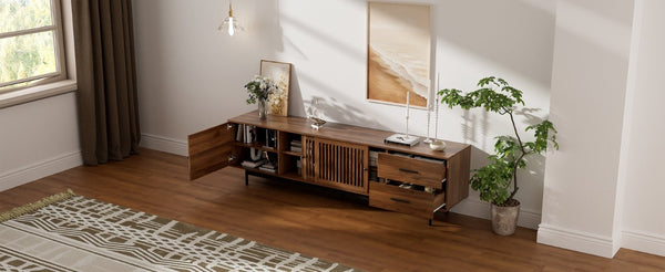 English Elm 78 Inch Walnut Media Console with Slatted Sliding Doors Soft Close Hinges and Drawers N710P510682P