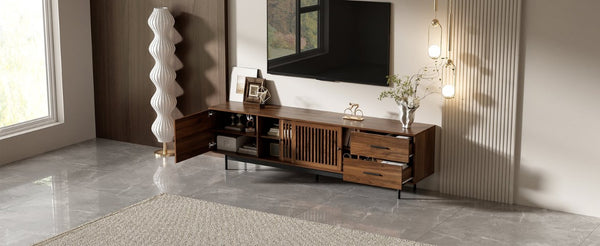English Elm 78 Inch Walnut Media Console with Slatted Sliding Doors Soft Close Hinges and Drawers N710P510682P