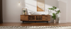 English Elm 78 Inch Walnut Media Console with Slatted Sliding Doors Soft Close Hinges and Drawers N710P510682P