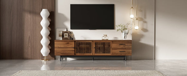 English Elm 78 Inch Walnut Media Console with Slatted Sliding Doors Soft Close Hinges and Drawers N710P510682P
