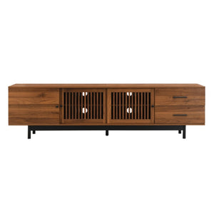 English Elm 78 Inch Walnut Media Console with Slatted Sliding Doors Soft Close Hinges and Drawers N710P510682P
