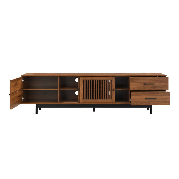 English Elm 78 Inch Walnut Media Console with Slatted Sliding Doors Soft Close Hinges and Drawers N710P510682P