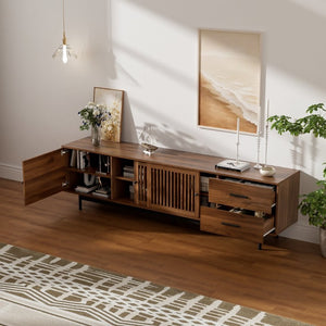 English Elm 78 Inch Walnut Media Console with Slatted Sliding Doors Soft Close Hinges and Drawers N710P510682P