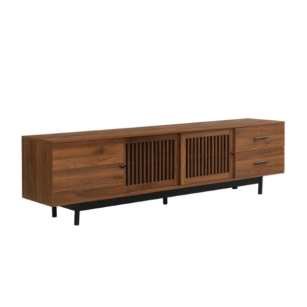 English Elm 78 Inch Walnut Media Console with Slatted Sliding Doors Soft Close Hinges and Drawers N710P510682P