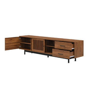 English Elm 78 Inch Walnut Media Console with Slatted Sliding Doors Soft Close Hinges and Drawers N710P510682P