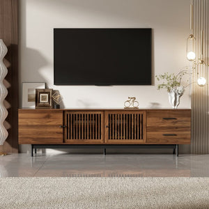 English Elm 78 Inch Walnut Media Console with Slatted Sliding Doors Soft Close Hinges and Drawers N710P510682P