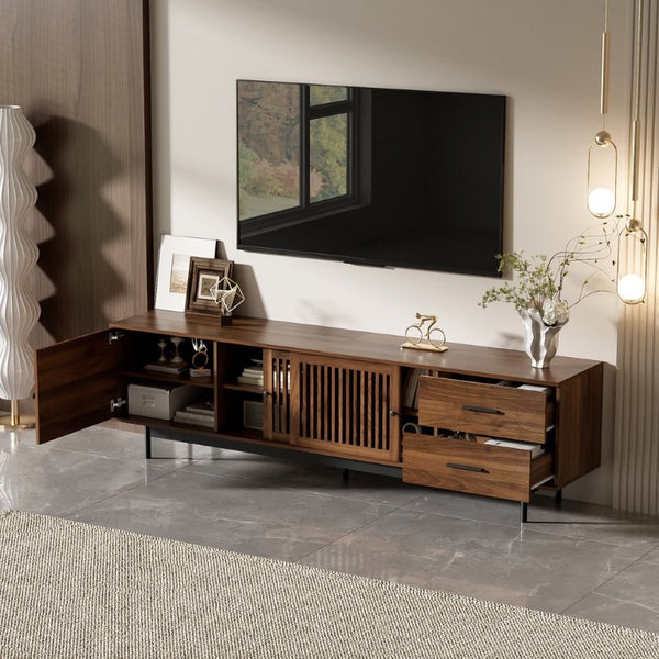 English Elm 78 Inch Walnut Media Console with Slatted Sliding Doors Soft Close Hinges and Drawers N710P510682P