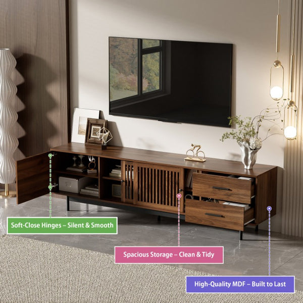 English Elm 78 Inch Walnut Media Console with Slatted Sliding Doors Soft Close Hinges and Drawers N710P510682P