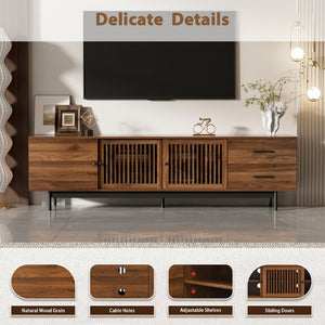 English Elm 78 Inch Walnut Media Console with Slatted Sliding Doors Soft Close Hinges and Drawers N710P510682P