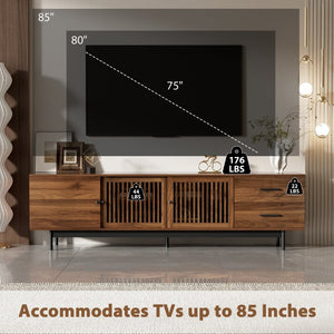English Elm 78 Inch Walnut Media Console with Slatted Sliding Doors Soft Close Hinges and Drawers N710P510682P