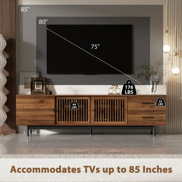 English Elm 78 Inch Walnut Media Console with Slatted Sliding Doors Soft Close Hinges and Drawers N710P510682P