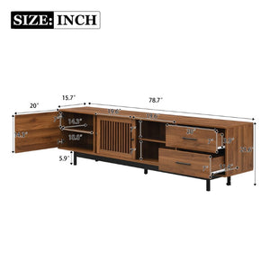 English Elm 78 Inch Walnut Media Console with Slatted Sliding Doors Soft Close Hinges and Drawers N710P510682P