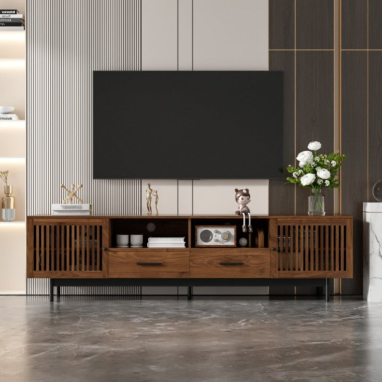 English Elm 78-Inch Walnut Media Console with Slatted Doors Soft-Close Hinges and Open Shelving N710P510683P