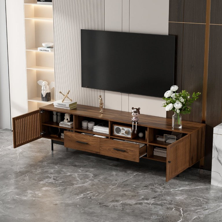 English Elm 78-Inch Walnut Media Console with Slatted Doors Soft-Close Hinges and Open Shelving N710P510683P