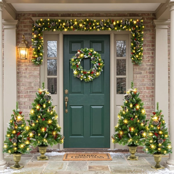 English Elm 6-Piece Pre-Lit Holiday Decor Set with Foyer Trees Wreath Garland and LED Glow N710P513660F