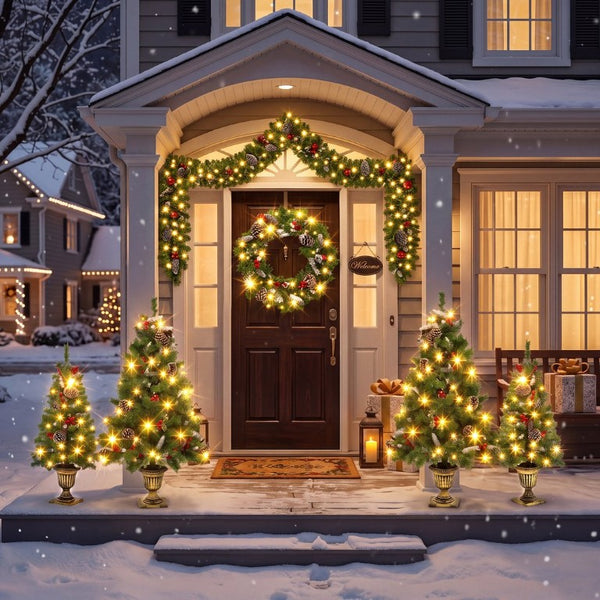 English Elm 6-Piece Pre-Lit Holiday Decor Set with Foyer Trees Wreath Garland and LED Glow N710P513660F