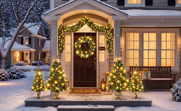 English Elm 6-Piece Pre-Lit Holiday Decor Set with Foyer Trees Wreath Garland and LED Glow N710P513660F