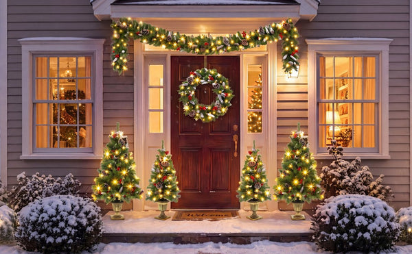 English Elm 6-Piece Pre-Lit Holiday Decor Set with Foyer Trees Wreath Garland and LED Glow N710P513660F