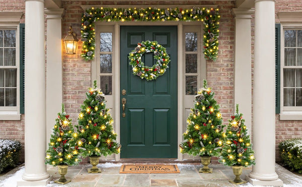 English Elm 6-Piece Pre-Lit Holiday Decor Set with Foyer Trees Wreath Garland and LED Glow N710P513660F