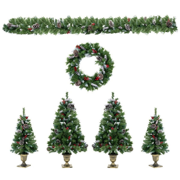 English Elm 6-Piece Pre-Lit Holiday Decor Set with Foyer Trees Wreath Garland and LED Glow N710P513660F