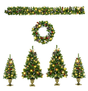 English Elm 6-Piece Pre-Lit Holiday Decor Set with Foyer Trees Wreath Garland and LED Glow N710P513660F