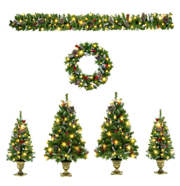 English Elm 6-Piece Pre-Lit Holiday Decor Set with Foyer Trees Wreath Garland and LED Glow N710P513660F