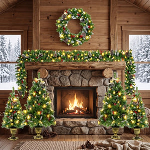 English Elm 6-Piece Pre-Lit Holiday Decor Set with Foyer Trees Wreath Garland and LED Glow N710P513660F