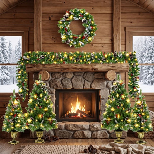English Elm 6-Piece Pre-Lit Holiday Decor Set with Foyer Trees Wreath Garland and LED Glow N710P513660F