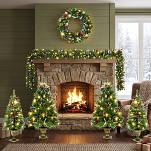 English Elm 6-Piece Pre-Lit Holiday Decor Set with Foyer Trees Wreath Garland and LED Glow N710P513660F