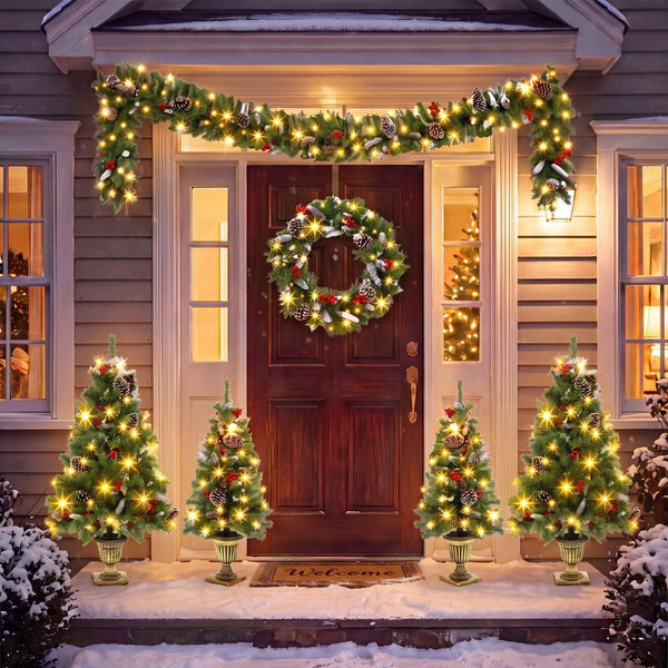 English Elm 6-Piece Pre-Lit Holiday Decor Set with Foyer Trees Wreath Garland and LED Glow N710P513660F