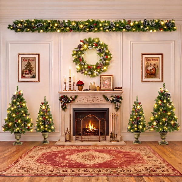 English Elm 6-Piece Pre-Lit Holiday Decor Set with Foyer Trees Wreath Garland and LED Glow N710P513660F